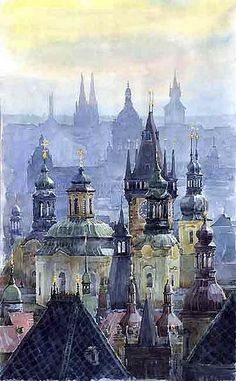 an image of a painting of some buildings in the city with spires and clocks