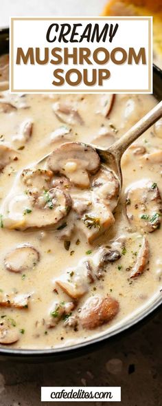 creamy mushroom soup in a skillet with a wooden spoon on the side and text overlay