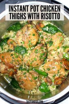 instant pot chicken thighs with risotto and spinach in a crockpot