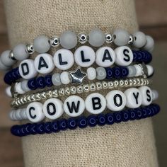 The ultimate bracelet listing for any Dallas Cowboys Football fan! Go Cowboys! These bracelets are SOLD INDIVIDUALLY unless purchased as a STACK! If wanting multiple bracelets, please add each one individually to your cart! Bracelets with letter beads can be personalized to exchange for a different word/name or player number. Please use the personalization box if wanting this; otherwise, your bracelet will come as pictured! We use Czech glass beads and a combination of silver plated brass beads, Cowboys Diy Gifts, Dallas Cowboys Beaded Lanyards, Dallas Cowboys Beaded Bracelet, Dallas Cowboys Seed Bead Bracelets, Dallas Cowboys Bead Bracelets, Dallas Cowboys Bracelets, Cute Cheer Gifts, Dallas Cowboys Jewelry, Dallas Cowboy Bracelet