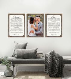 two framed photos with the names of their wedding vows on them, in front of a couch