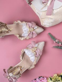 Handmade Hime Lolita Shoes Ruffle Trim Rhinestones Beaded Pink High Heels Ball Shoes Heels, Manhwa Shoes, Pink Shoes Aesthetic, Quinceanera Heels, Marie Antoinette Shoes, Affordable Heels, Court Fashion, Girl Adventure, Princess Heels