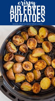 air fryer potatoes in an air fryer with text overlay