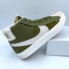 Nike Zoom Blazer Mid Premium Pilgrim Green & Phantom Sneakers. Suede And Canvas Upper. Reinforced Double Stitching. Lace Up Closure With Recessed Eyelets. Lightly Padded Tongue And Lined Collar. Felt-Lined Interior. Nike Zoom Air Sockliner With Air Unit In Heel For Impact Support. Soft Cushioned Soles. Rubber Herringbone Tread Pattern For Grip. Brand New Nike Sb Zoom Blazer Mid, Nike Sb Blazer, Nike Sb Zoom, Air Max 720, Air Max 98, Nike Flyknit, Blazer Mid, Nike Air Huarache, Nike Flex