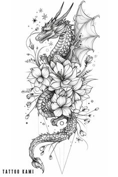 a dragon and flowers tattoo design