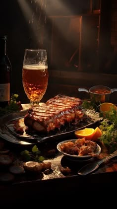 a table topped with meat and vegetables next to a glass of beer on top of a wooden table