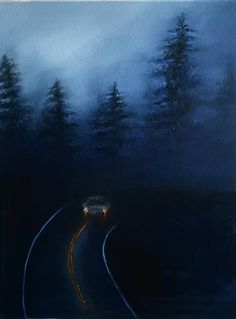 an oil painting of a train on the tracks in front of some trees at night