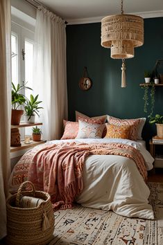 a bedroom with green walls, white bedding and hanging plants in baskets on the wall