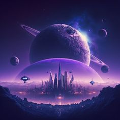 an alien city surrounded by planets in the sky