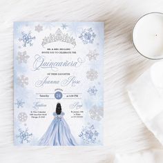 a wedding card with a snowflake design and a tiara on the front