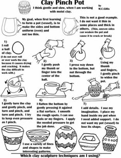 the instructions for clay pinch pot, with pictures of how to make it and how to use