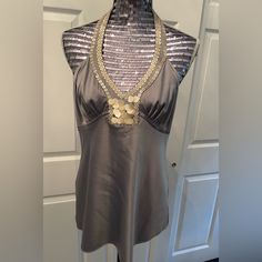 Nwt Limited Fun & Fancy Halter Top, In A Beautiful Silver Gray. (Color Appears Lighter Than Picture). Stylish Sequins Around Neckline, Great For Holiday, Party Or Evening Out! Size Large Smoke Free Home Thank You For Shopping! Sheer Shorts, Tie Neck Tops, Embellished Blouse, Purple Blouse, Thrift Finds, Evening Jackets, Black Tunic, Sleeves (women), Blouse Patterns