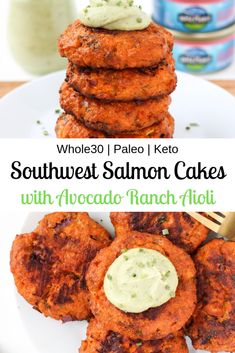 some food is stacked on top of each other and the words southwest salmon cakes with avocado ranch mayo