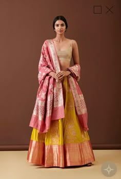 Yellow Silk Lehenga, Pink Dupatta, Bridal Sarees South Indian, Half Saree Lehenga, Indian Outfits Lehenga, Lehenga Designs Simple, Indian Bride Outfits, Traditional Indian Dress, Half Saree Designs