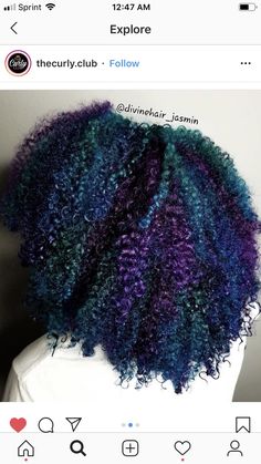 Blue Highlights Natural Hair Black Women, Purple And Blue Natural Hair Black Women, Purple Hair Styles For Black Women, Blue And Purple Natural Hair, Blue Hair For Black Women, Teal Natural Hair Black Women, Blue And Purple Curly Hair, Blue Curly Hair Black Women