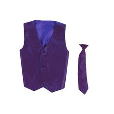 The perfect ensemble for your young man for a special occasion, holiday, wedding, or church dress. Poly-silk vest and matching clip-on necktie set. Vest is lined poly-silk front (3 button for infant/toddler, 4 button for boys) with polyester back gathered with elastic. No adjusting necessary. Perfectly shaped clip-on tie is poly-silk. Quality construction will last for years. 100% Polyester. Hand wash. Made in the USA. SHIRT NOT INCLUDED - May purchase short sleeved or long sleeved white or ivor Gray Suit With Purple Tie, Black Cowboy Hat, Tuxedo Shirt Dress, Purple Vests, Silk Vest, Boys Vest, Necktie Set, Vest And Tie, Boys Bow Ties