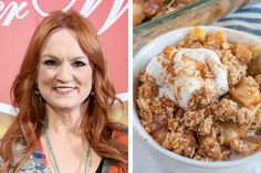 a woman is smiling next to a bowl of fruit crumbled with ice cream