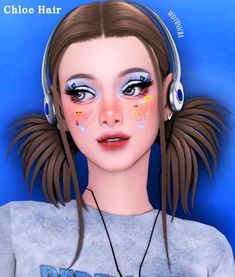 a girl with headphones and blue eyes is wearing ear phones to hear music on her ears