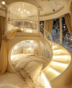 a bedroom with a spiral staircase in the middle and lots of lights on the ceiling