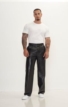 Genuine Lambskin Leather Trousers - Black - Ron Tomson Designer Black Formal Pants, Designer Fitted Black Leather Pants, Designer Black Bottoms For Work, Designer Black Workwear Pants, Designer Black Workwear Bottoms, Classic Black Leather Pants For Night Out, Designer Black Formal Bottoms, Classic Black Fitted Leather Pants, Luxury Black Leather Pants For Work