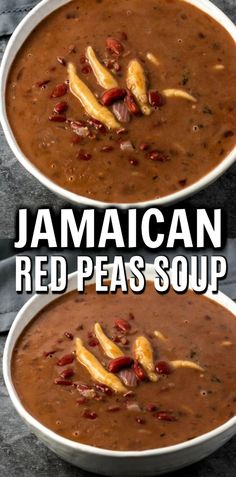 two white bowls filled with red pea soup and topped with banana peels on top