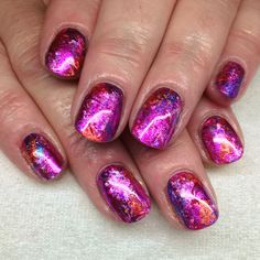 Cnd Shellac Pink, Nail Foil Designs Ideas, Saved Nails, Pink Foil Nails, Cute Easy Nail Designs, Sculpted Gel Nails, Purple Glitter Nails, Shellac Colors, Eye Nail Art