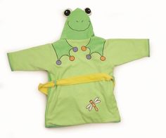 a green frog robe with a yellow belt around it's waist and eyes on the front