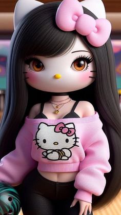 a doll with long black hair wearing a hello kitty sweater