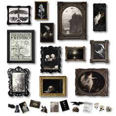 an assortment of framed and unframeed art pieces on a white background with black and white images