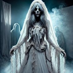 a woman dressed as a ghost with chains around her neck