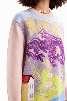 An oversize long pullover with long sleeves in chunky multicolour jacquard knit. Designed by M. Christian Lacroix. Fit: Oversize Jacquard with landscape and embroidered details Round neck Long sleeves Ribbed neck, cuffs and hem Sustainable fibres: Recycled acrylic Long Pullover, Current Styles, Original Clothes, Christian Lacroix, Jacquard Knit, Online Clothing, Women Collection, Fashion Collection, Kids Fashion