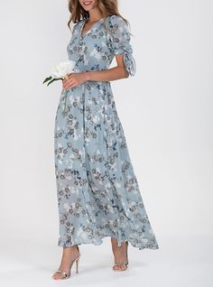 Womens Long Dresses, Floral Chiffon Dress, Chiffon Dresses, Light Blue Shorts, Chiffon Floral, Casual Day Dresses, Maxi Robes, Long Sleeve Short Dress, Chiffon Maxi Dress