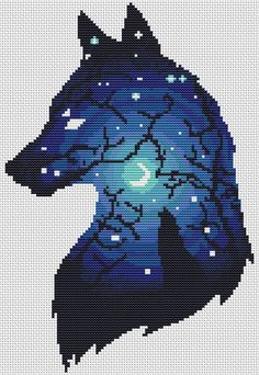 a cross stitch pattern of a wolf's head with the moon in its eyes