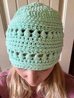 Hand-crocheted beanie for women. Made with cotton yarn. Machine wash on delicate and line dry to preserve the fabric. One Size Crochet Lace Hat, One Size Spring Yarn Beanie, Green Crochet Beanie One Size, Spring Yarn Beanie, Green Crochet Beanie One Size Fits Most, Handmade Yarn Beanie For Spring, Crochet Cotton Yarn Beanie, One Size Fits Most, Spring Hand Knitted Beanie, Green Crochet Cotton Hat