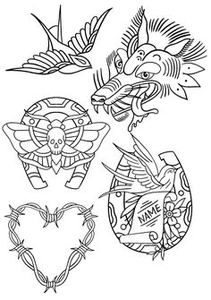 an image of some tattoos that are in the shape of birds and flowers on a white background