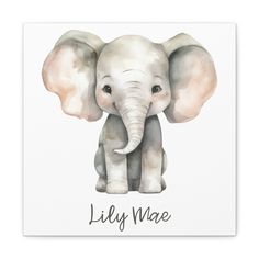 an elephant with the words lily mae on it's face is sitting in front of a white background