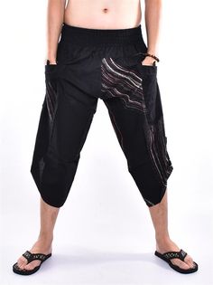 Harem pants, Yoga pants, Wide leg pants, Trousers, Samurai pants Printed with Black Brush Printed Cotton Samurai pants with Side button is inspired Samurai and Ninja pants from Japan.  Created and Designed for Everyone, Wide Leg Designed Easy to Movement, Easy to Wear and Comfy. The Pants is made of 100% Cotton and Printed with beautiful pattern design. The Pants made by Thai Craftsmanship, Attention and Neatness in sewing an item. Cotton Samurai pants has one Pocket in front for storing item like, Mobile phone, Wallet or Money. This pants great for many Occasion, Chill out, Free Style, Yoga, Traveling, Dancing, Going to Festivals, Working out , Martial arts, Etc... Sizing : One size fits most (Unisex ) Elastic Waist : 21"- 44" (53.34 cm - 111.76 cm) Hip up to : up to 56" (142Cm) Length :3 Black Hip-length Bottoms For Yoga, Black Harem Pants With Elastic Waistband And Tapered Leg, Black Straight Sweatpants For Summer, Black Wide Leg Yoga Pants, Stretch Black Cargo Pants, Black Parachute Pants With Pockets For Festival, Black Stretch Pants For Festival, Black Wide Leg Bottoms For Festival, Black Trousers For Festival