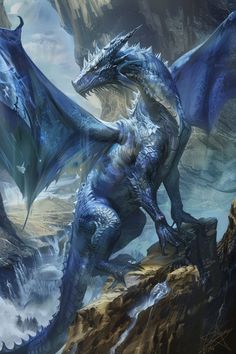 a large blue dragon standing on top of a mountain