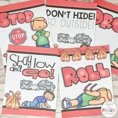 four children's books with stickers on them, including stop and do not ride