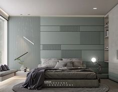 a bed sitting in the middle of a bedroom next to a wall mounted shelf filled with books