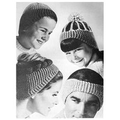 three women wearing knitted hats and one man smiling at the same woman's face