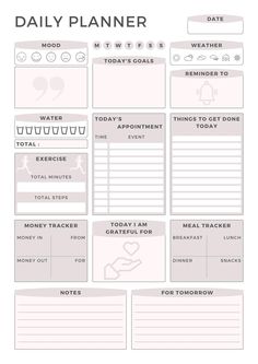 the daily planner is shown in grey and white, with notes on each page to help you