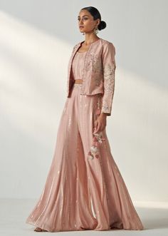 Elevate your style with this stunning Blush Pink Embroidered Blouse Sharara Set, a perfect blend of elegance and contemporary design. Crafted from luxurious chanderi fabric, the flowy blush pink sharara pants are enhanced with intricate embroidery on the belt and playful tassel accents, adding a hint of charm. Teamed with a ruched blouse offers a flattering fit, while the hand-embroidered georgette jacket lends a modern yet traditional flair. Perfect for Mehndi, Sangeet ceremonies, or as wedding Jacket Sharara, Pink Sharara, Sharara Pants, Open Jacket, Guest Attire, Open Neck, Wedding Attire Guest, Embroidered Jacket