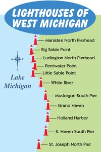 the lighthouses of west michigan are labeled in red and green cones, along with their names