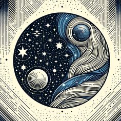 an artistic drawing with stars and swirls in the background