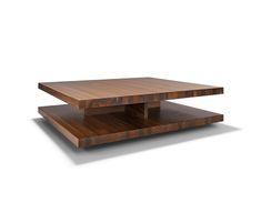 a wooden coffee table sitting on top of a white floor