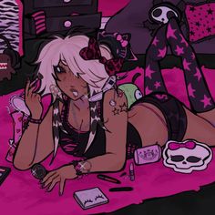 a woman laying on top of a pink bed next to a skull and other items