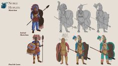 an image of native american soldiers in different poses and armors for the role of hopolite