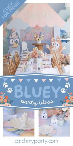 Don't miss this sweet Bluey birthday party! Love the table setting! See more party ideas and share yours at CatchMyParty.com Twin Third Birthday Ideas, Bluey First Birthday Party Ideas Girl, 6th Birthday Party Ideas Girl, Bluey 5th Birthday Party For Boys, Bluey Birthday Party Table, Bluey Tea Party, Simple Bluey Birthday Party Ideas