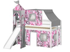 a pink and gray camouflage print bunk bed with slide